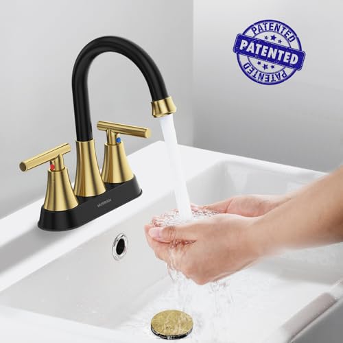 Hurran Bathroom Faucets for Sink 3 Hole, Hurran 4 inch Black and Gold Bathroom Sink Faucet with Pop-up Drain and Supply Hoses, Stainless Steel Lead-Free Centerset Faucets for Vanity RV - Image 3