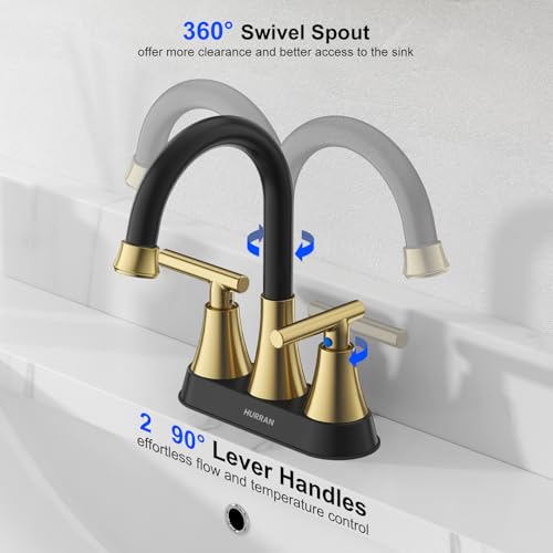 Hurran Bathroom Faucets for Sink 3 Hole, Hurran 4 inch Black and Gold Bathroom Sink Faucet with Pop-up Drain and Supply Hoses, Stainless Steel Lead-Free Centerset Faucets for Vanity RV - Image 4