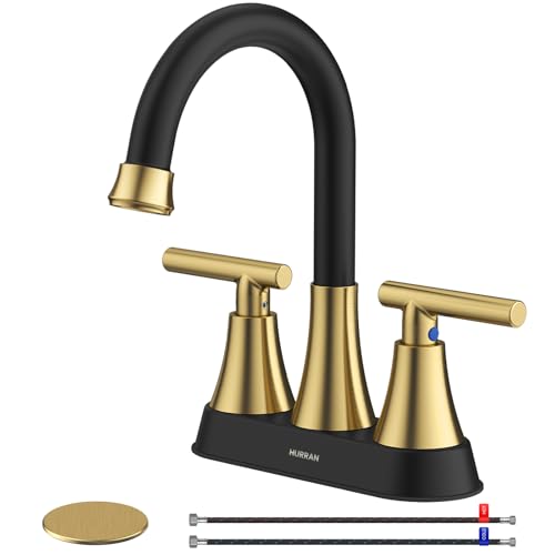 Hurran Bathroom Faucets for Sink 3 Hole, Hurran 4 inch Black and Gold Bathroom Sink Faucet with Pop-up Drain and Supply Hoses, Stainless Steel Lead-Free Centerset Faucets for Vanity RV - Image 1