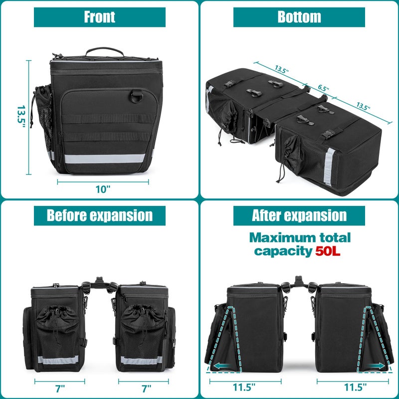 Marscamd 50L Bike Panniers with a Rain Cover, Bike Saddle Bag with Expandable Compartment and Multiple Pockets, Black - Image 5