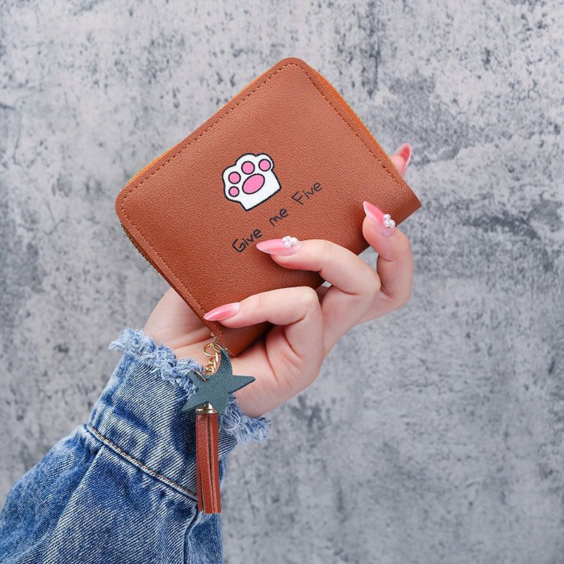 Mini Cartoon Tassel Womens Zip Wallet brown short cat's claw