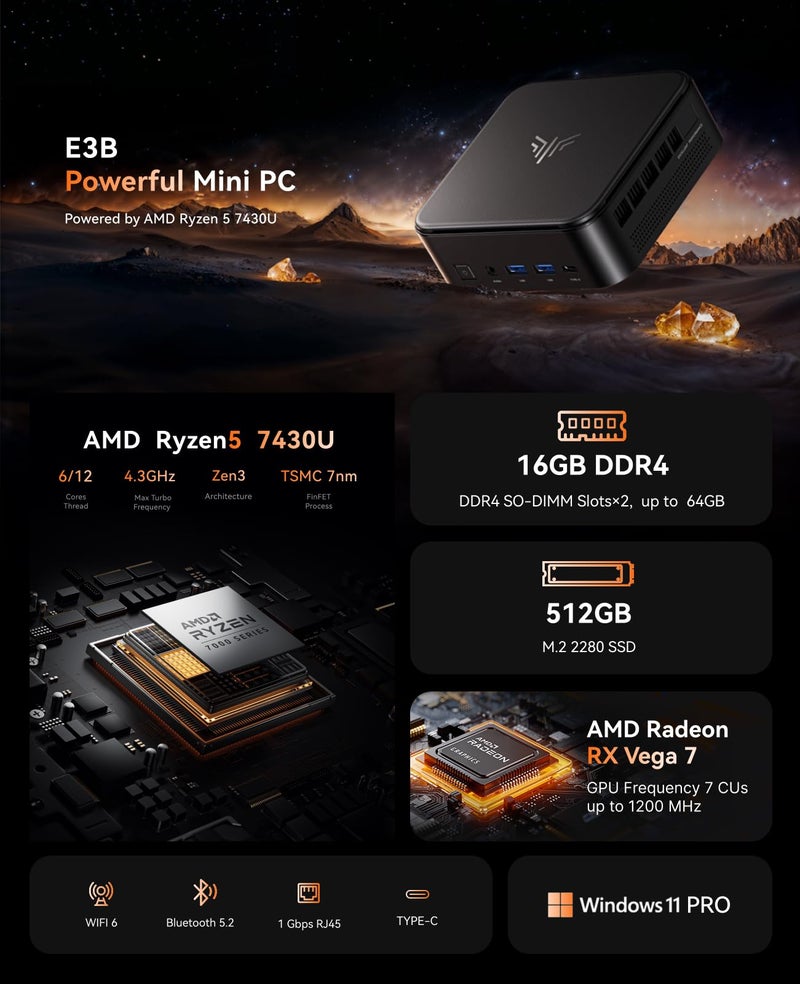 KAMRUI E3B Mini PC with AMD Ryzen 5 7430U (Beat 5500U, up to 4.3GHz), 16GB DDR4 512GB M.2 SSD Mini Computer, Mini Gaming PC with USB Type-C Supports Triple 4K Display, WiFi 6, BT 5.2 - Image 2