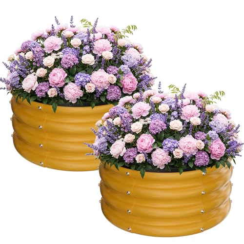 ZXZYHFTY Round Galvanized Raised Garden Bed kit,Yellow Outdoor Garden Raised Planter Box, Round Large Metal Raised Garden Beds for Vegetable 2 * 2 * 1ft 2 Pcs - Image 1