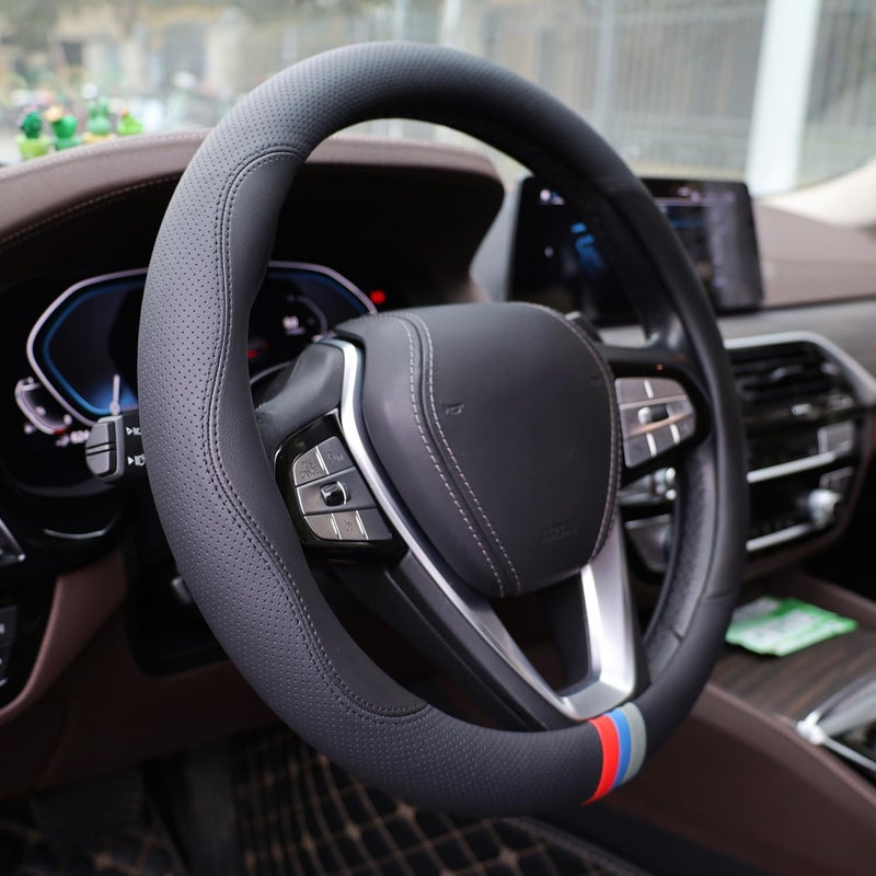 szyuchen غطاء عجلة قيادة لسيارات BMW X3 X5 X7 من السلسلة 3 و5: 328i، 528i، 535i، 530i، 540i، 320i، 325i، 330i، X1، X2، X4، X6 (موديلات 2024)، مصنوع من الجلد الأسود (قطر 14.5 إلى 15 بوصة). - Image 2