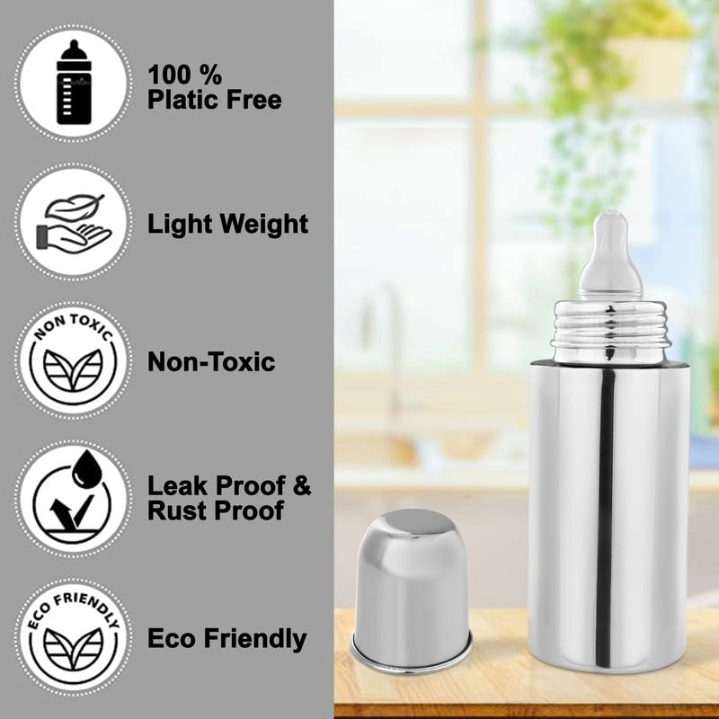 RB POINT Baby Stainless Steel Feeding Bottle For Kids/New Born-304 Grade Quality-Feeding Bottle For Milk&WaterINo Plastic I(240 Ml)Silver Pack Of 1 - Image 5