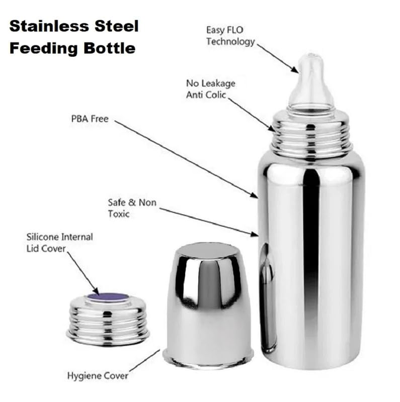 RB POINT Baby Stainless Steel Feeding Bottle For Kids/New Born-304 Grade Quality-Feeding Bottle For Milk&WaterINo Plastic I(240 Ml)Silver Pack Of 1 - Image 3