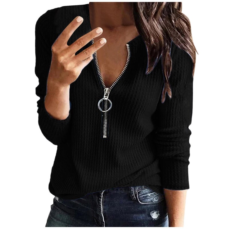 Women's Waffle Knit Zip-Up Round Neck Loose Fit T-Shirt - Image 2