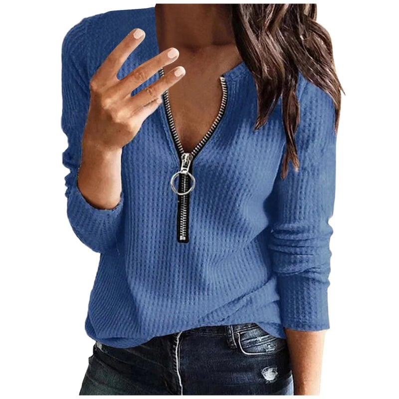 Women's Waffle Knit Zip-Up Round Neck Loose Fit T-Shirt - Image 3