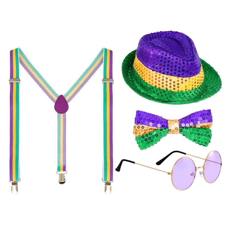 Sucrain 4PCS Mardi Gras Accessories Set Include Sequin Hat Sequin Bow Tie Sunglasses Suspenders for Men Costume Outfit Carnival Party - Image 1
