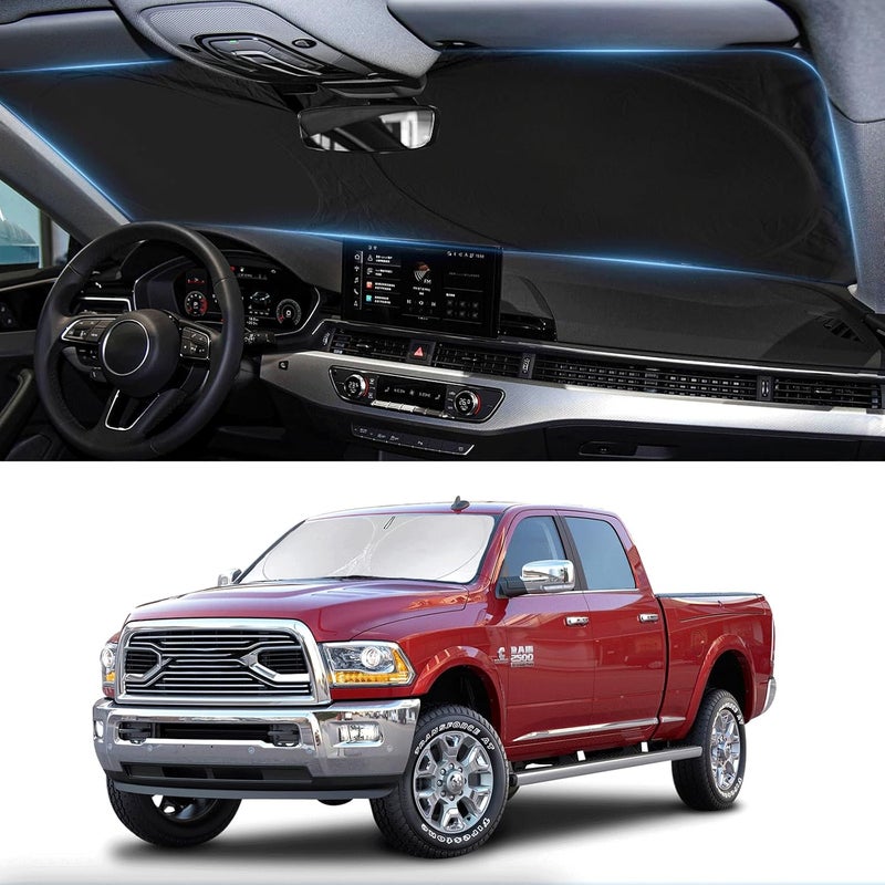 مظلة شمس لسيارة رام، مظلة شمس مناسبة لسيارات دودج RAM 2500 3500 2026-2010، ملحقات شاحنة، غطاء زجاج أمامي لـ Ram 2500/3500/4500/5500، واقي شمس يناسب الكابينة العادية 2 باب، كابينة رباعية 4 باب، كابينة كرو، ميجا كاب - Image 1