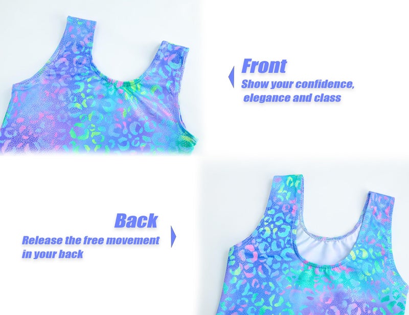 Jinhiteam Gymnastics Leotards for Girls 7-8 Years Old Shiny Blue Leopard Workout Bodysuits with Shorts Kids Athletic Outfits - Image 4