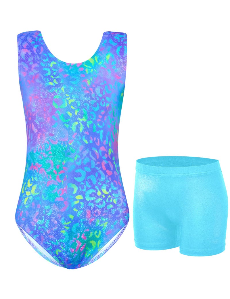 Jinhiteam Gymnastics Leotards for Girls 7-8 Years Old Shiny Blue Leopard Workout Bodysuits with Shorts Kids Athletic Outfits - Image 1