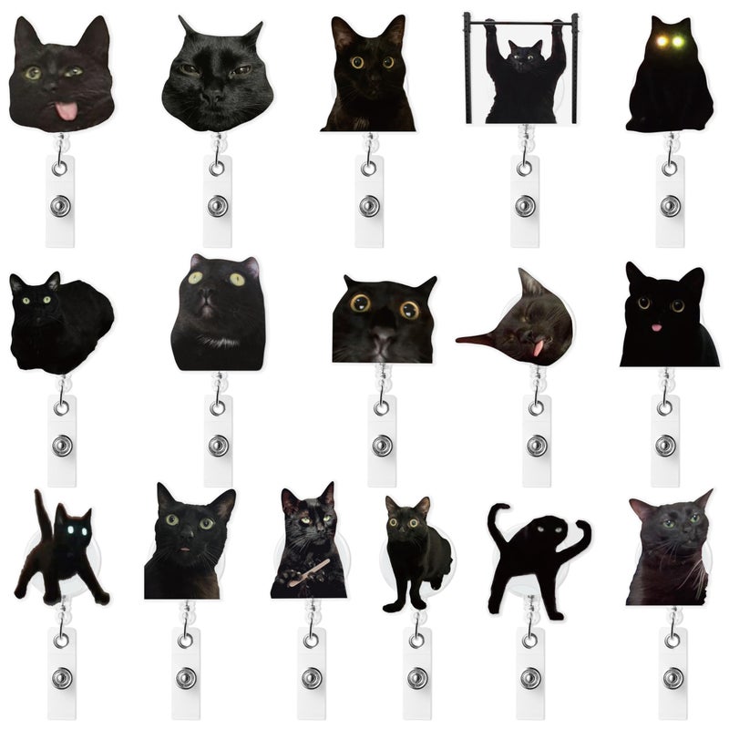 Eartim Black Cat Meme Badge Reel - 16Pcs Funny Meme Cat Acrylic Retractable Id Badge With Metal Clip Cute Animal Name Tag Holder For Kid Nurse Pet Lover Office Staff Student Birthday Gift Party Supply - Image 1