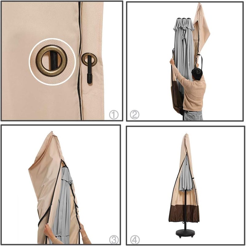SUPERJARE Patio Umbrella Cover with Rod for 7 to 11 Ft Umbrellas & 15 Ft Double-Sided Umbrellas, 600D Protective Waterproof Cover with Zipper, Beige & Brown - Image 5