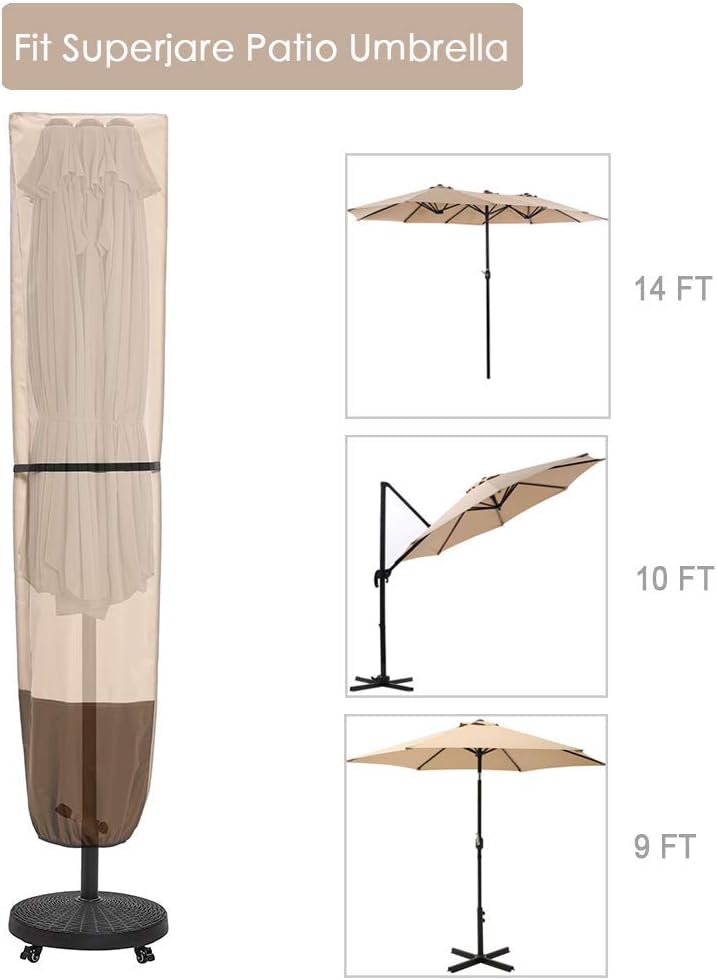 SUPERJARE Patio Umbrella Cover with Rod for 7 to 11 Ft Umbrellas & 15 Ft Double-Sided Umbrellas, 600D Protective Waterproof Cover with Zipper, Beige & Brown - Image 4
