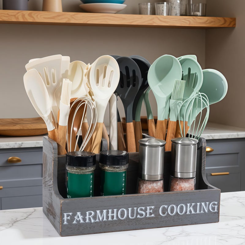 LIBODOUR Kitchen Utensil Holder, Utensil Holder For Kitchen Counter,Extra Large Cooking Spatula Organizer,Farmhouse Wooden Big Storage Rustic Flatware Spoon Tool Organizer - Image 1