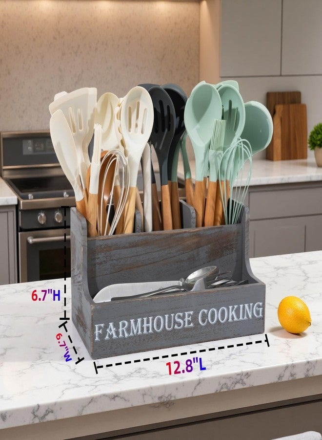 LIBODOUR Kitchen Utensil Holder, Utensil Holder For Kitchen Counter,Extra Large Cooking Spatula Organizer,Farmhouse Wooden Big Storage Rustic Flatware Spoon Tool Organizer - Image 5