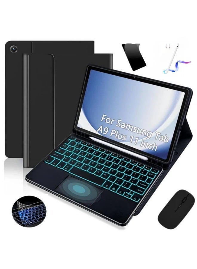 غطاء كيبورد لسامسونج جالاكسي A9+ (2025) - مع لوحة مفاتيح بلوتوث قابلة للفصل وإضاءة خلفية بـ 7 ألوان، وغطاء قابل للطي مع حامل وفتحة لقلم S-Pen، وتشغيل/إيقاف تلقائي، ويشمل فأرة بلوتوث، وحامي شاشة، وغطاء لوحة المفاتيح، باللون الأسود - Image 1