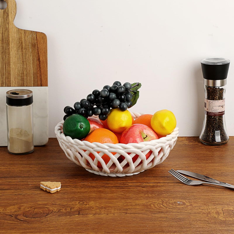 OwnMy Ceramic Fruit Bowl for Kitchen Counter, Decorative Round Ceramic Fruit Basket for Fridge and Home Decors, Large White Fruit Bowl Holder for Kitchen Countertop - Image 2