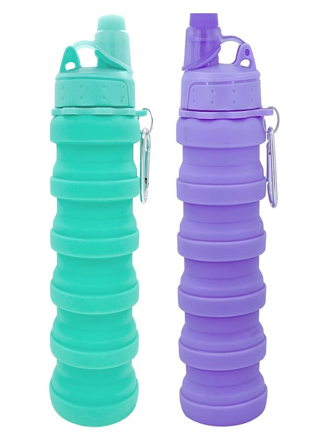 YCTMALL Collapsible Water Bottles Two Pack Travel Sports Portable Sport Water Bottle comes with mountaineering Buckle 506ml silicone Water-proof camping water bottle (Green and Purple Color) - Image 1