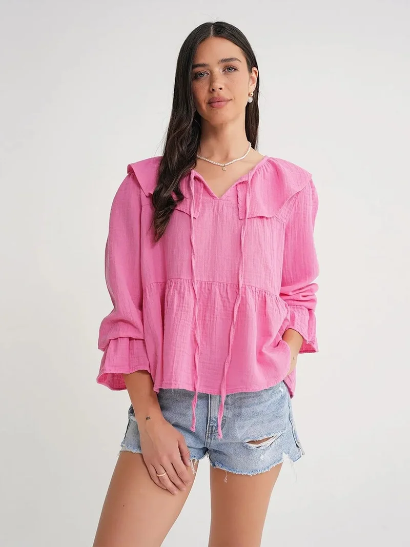 MixRay Mixray Frilly Shawl Collar Blouse with Tie Closure