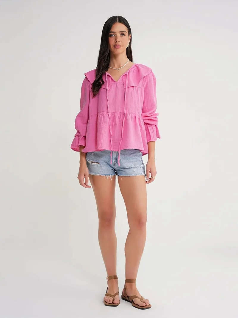 MixRay Mixray Frilly Shawl Collar Blouse with Tie Closure