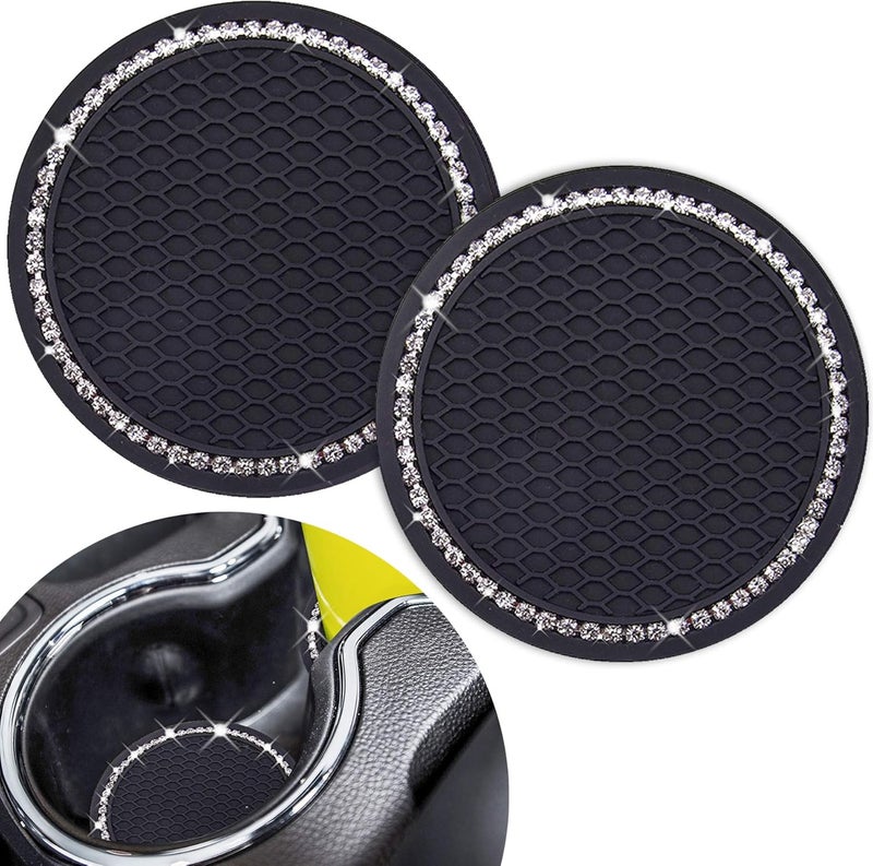 Dermasy Cute Car Cup Coaster 2PCS Universal Vehicle Cup Holder Insert Coaster 2.75 inch Silicone Anti Slip Bling Crystal Rhinestone Auto Car Accessories for Women & Lady - Image 1