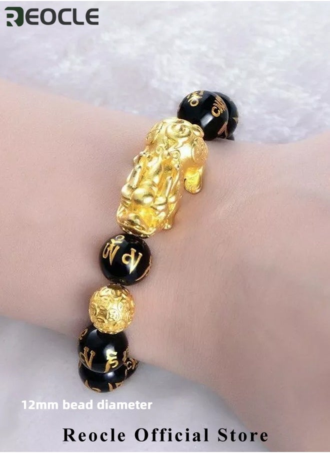 ريوكل للجنسين حظا سعيدا فنغ شوي تميمة سوار مع 13mm حجر السج الأسود والذهب مطلية بالذهب Pi Xiu حرف لحماية الحظ والثروة  - Image 3