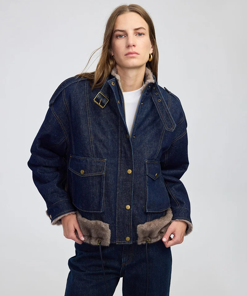 ابيكول Faux Fur Trim Denim Bomber
