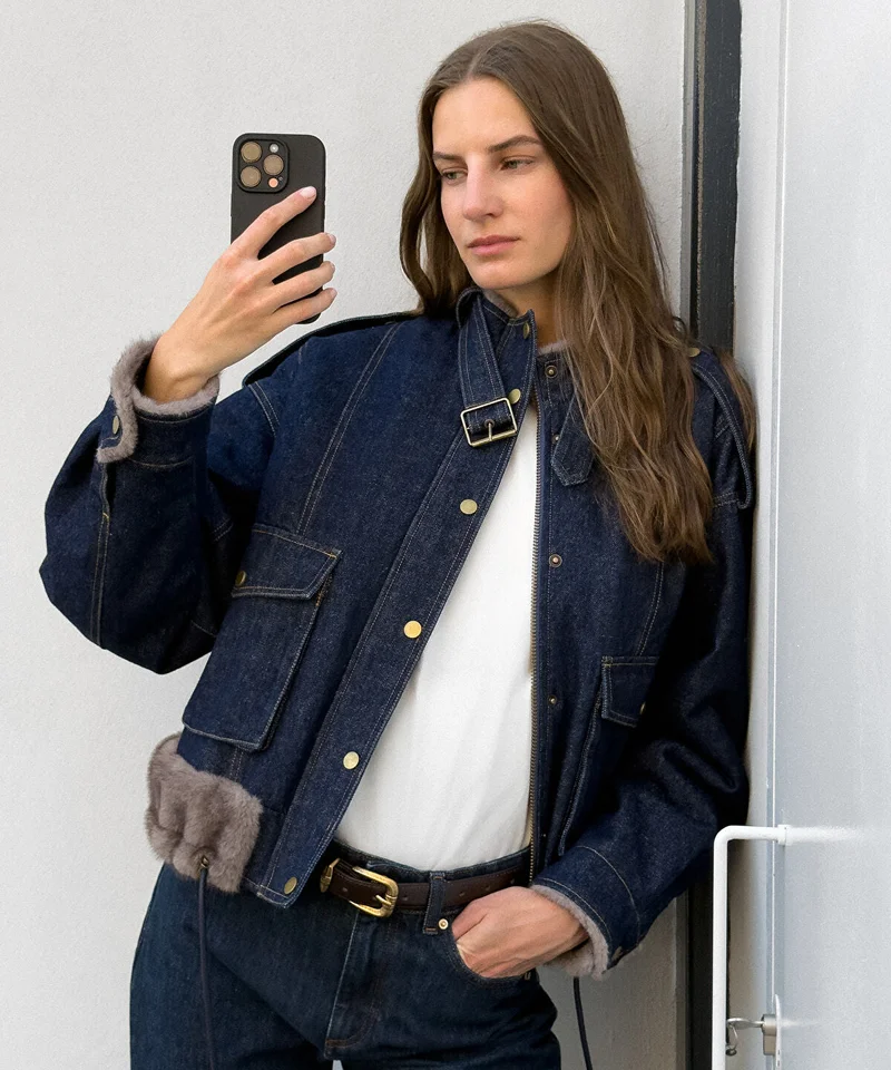ابيكول Faux Fur Trim Denim Bomber