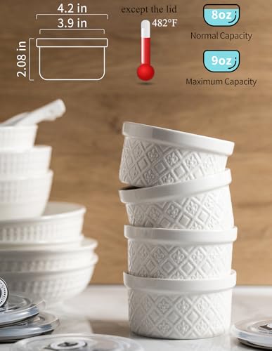 MISSYSSIM 9 oz Ramekins with Lids, Creme Brulee Ramekins Oven Safe, Small Ceramic Serving Bowls, White Custard Cups for Baking, Dipping Sauce Cups, Pinch Bowls Ideal for Birthday Party, Set of 4 - Image 2