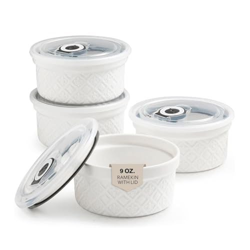 MISSYSSIM 9 oz Ramekins with Lids, Creme Brulee Ramekins Oven Safe, Small Ceramic Serving Bowls, White Custard Cups for Baking, Dipping Sauce Cups, Pinch Bowls Ideal for Birthday Party, Set of 4 - Image 1
