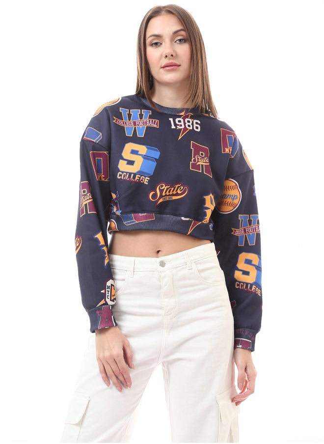 RAVIN - Round Neck Patterned Slip On Cropped Sweatshirt - Image 1