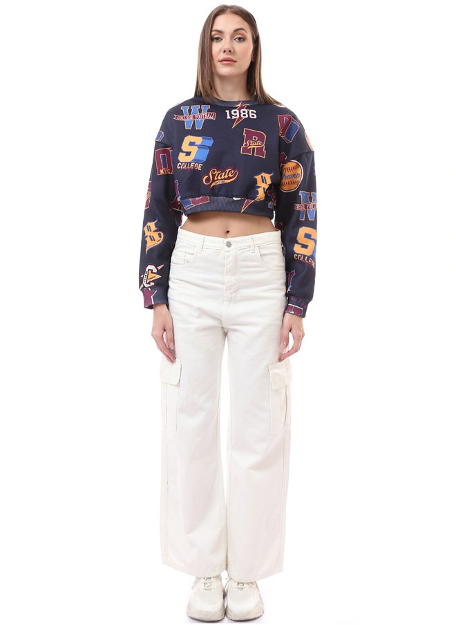RAVIN - Round Neck Patterned Slip On Cropped Sweatshirt - Image 1
