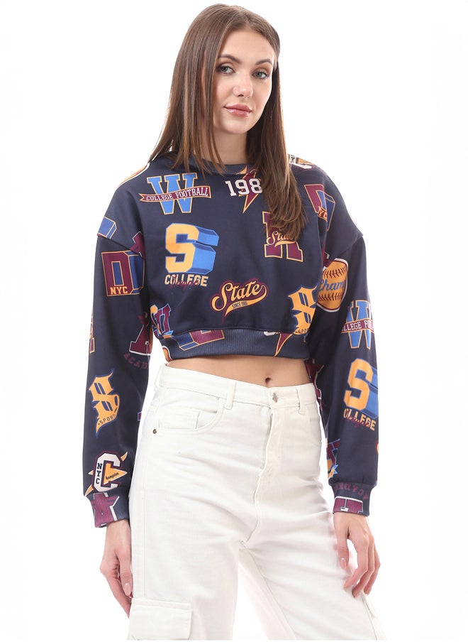 RAVIN - Round Neck Patterned Slip On Cropped Sweatshirt - Image 1