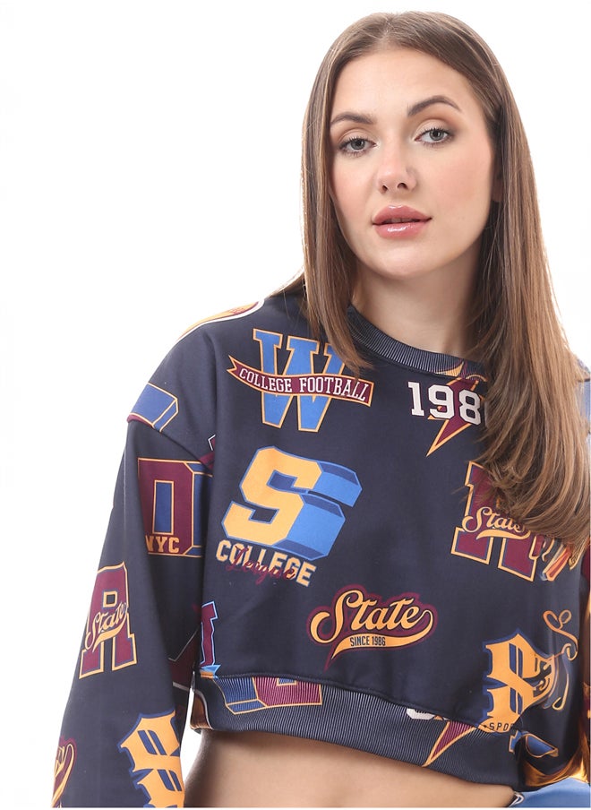 RAVIN - Round Neck Patterned Slip On Cropped Sweatshirt - Image 1