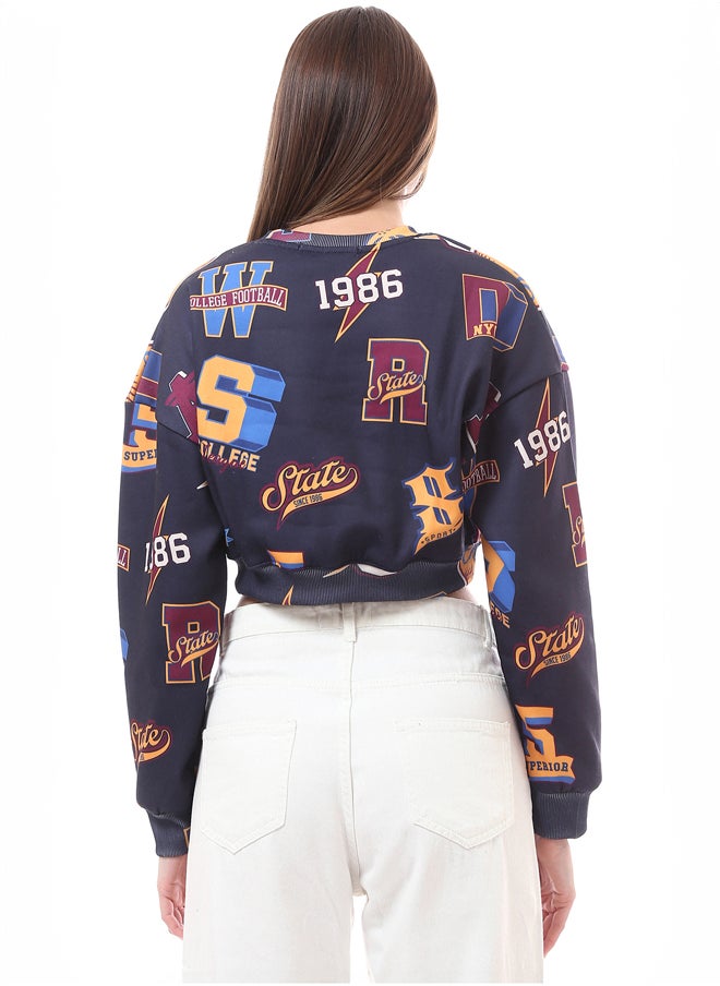 RAVIN - Round Neck Patterned Slip On Cropped Sweatshirt - Image 1