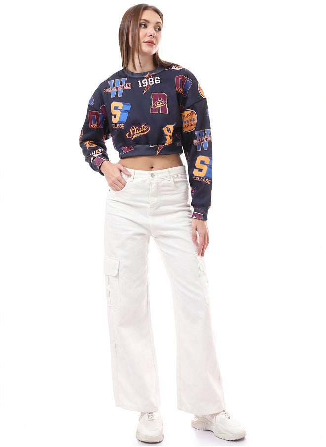 RAVIN - Round Neck Patterned Slip On Cropped Sweatshirt - Image 1