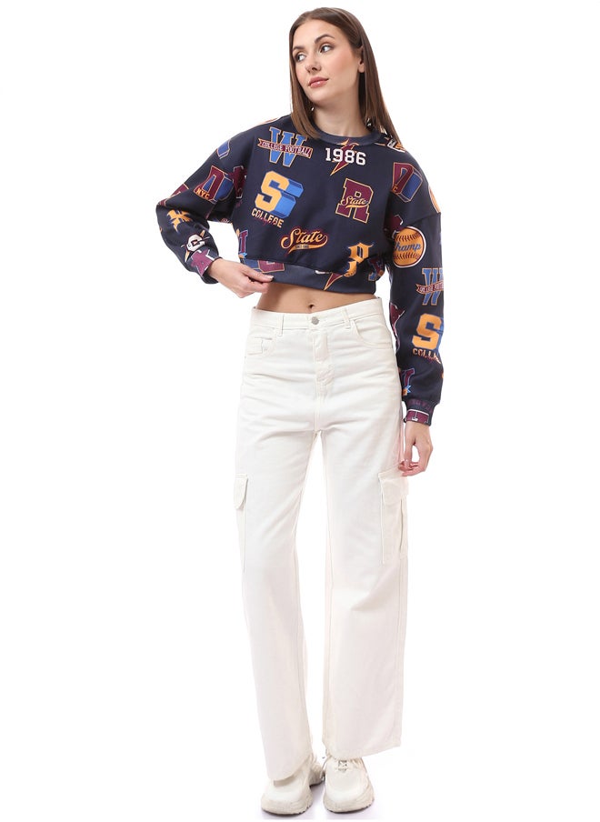 RAVIN - Round Neck Patterned Slip On Cropped Sweatshirt - Image 1