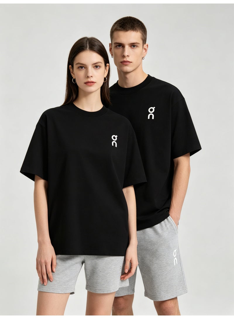 اون راننج On Unisex Solid Black Minimal White Logo Crew Neck Couple T-Shirt - Image 5