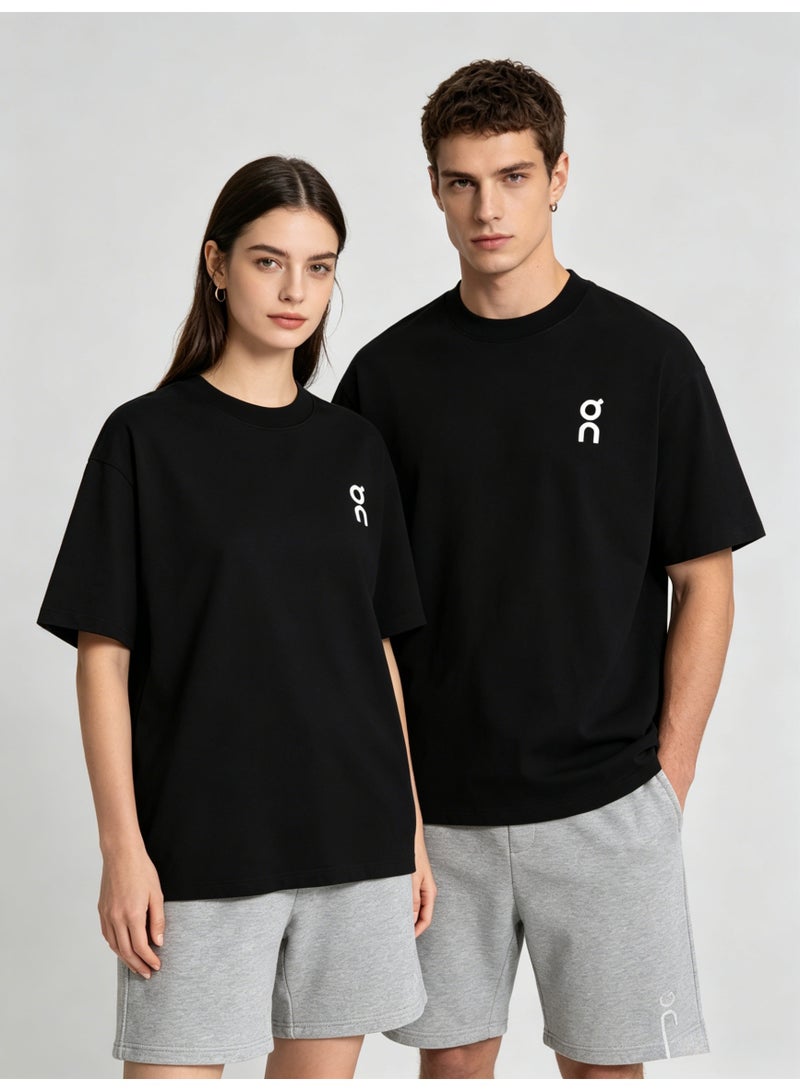 اون راننج On Unisex Solid Black Minimal White Logo Crew Neck Couple T-Shirt - Image 3
