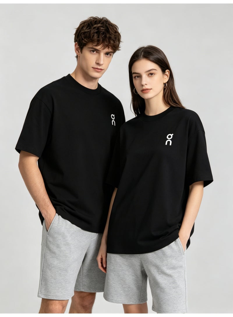 اون راننج On Unisex Solid Black Minimal White Logo Crew Neck Couple T-Shirt - Image 2