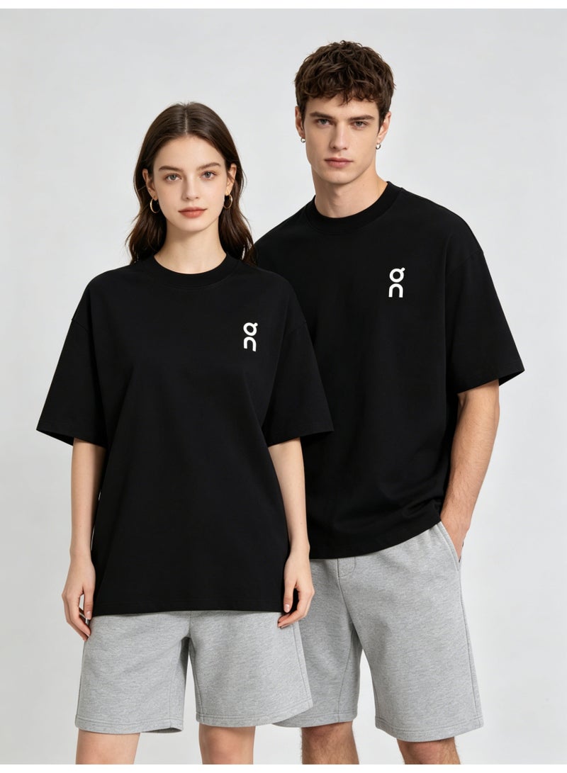 اون راننج On Unisex Solid Black Minimal White Logo Crew Neck Couple T-Shirt - Image 4