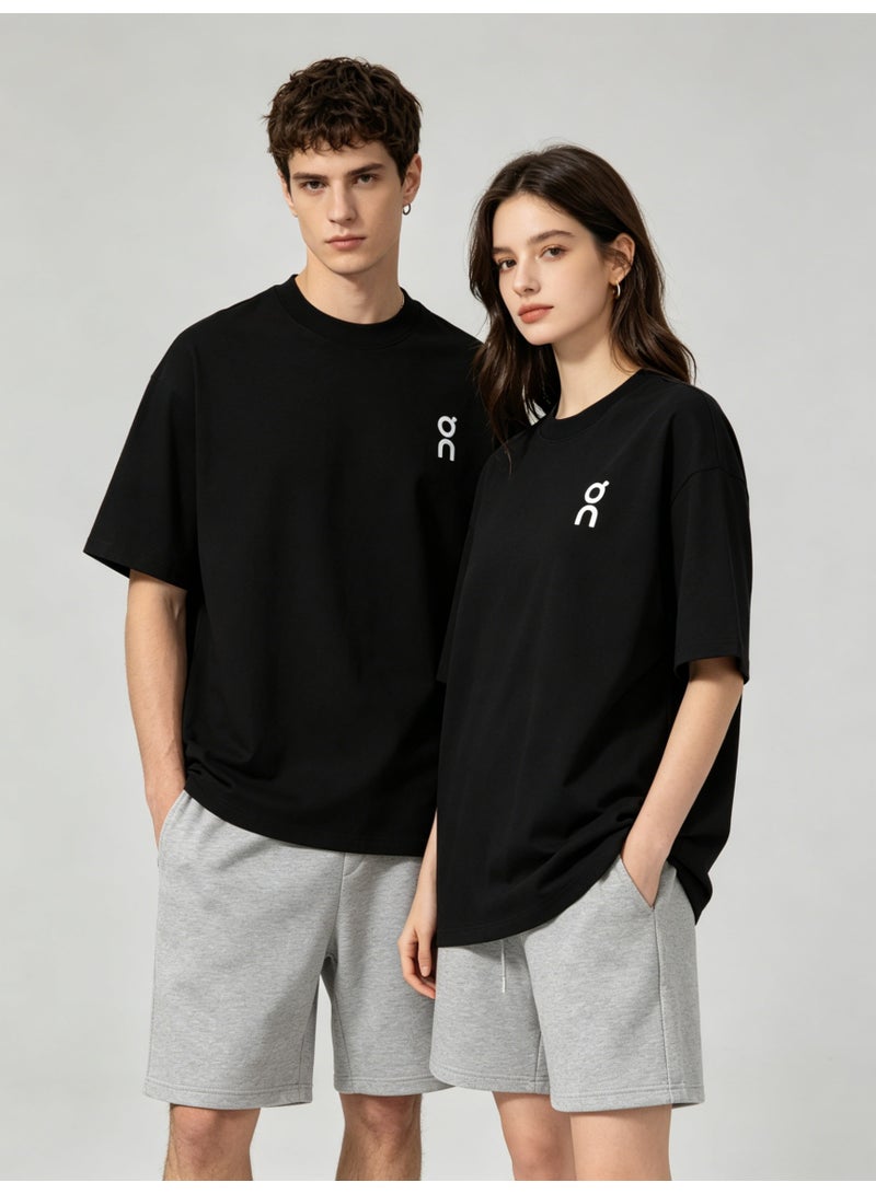 اون راننج On Unisex Solid Black Minimal White Logo Crew Neck Couple T-Shirt - Image 1