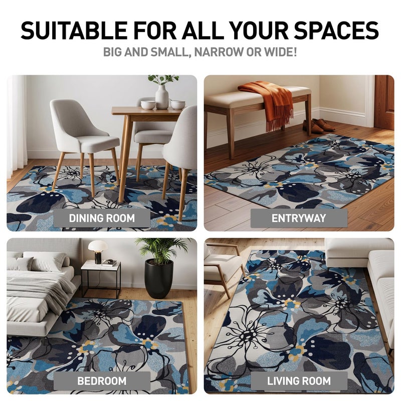 Rugshop Contemporary Gray-Blue Large Floral Non-Slip Area Rug for Living Room Bedroom,Kitchen Entryway 5'3" x 7'3" -Blue - Image 3
