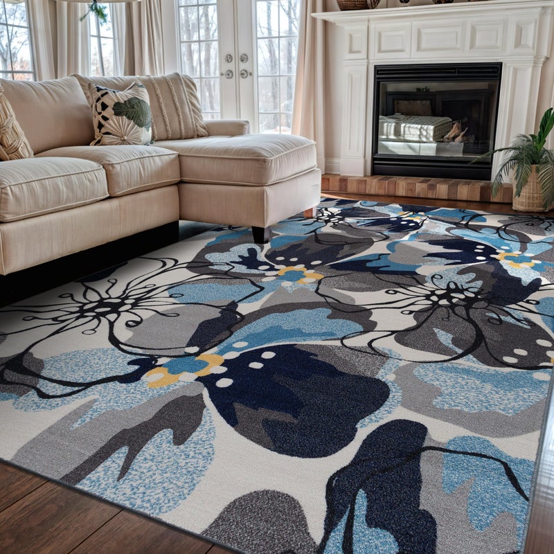 Rugshop Contemporary Gray-Blue Large Floral Non-Slip Area Rug for Living Room Bedroom,Kitchen Entryway 5'3" x 7'3" -Blue - Image 1