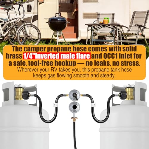 Tottist 15 Inch RV Propane Tank Hose, 1/4" Inverted Male Flare & Qcc1/Typel, Camper Propane Hose for Standard RV Two-Stage Regulator, for BBQ,Outdoor Cooking,Camping & Heating - 2 Pack - Image 2