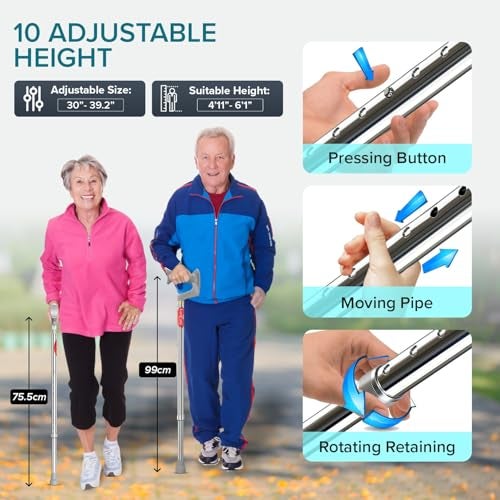 EASYCARE® Premium Walking Stick | Lightweight Aluminium with 10 Height Levels Adjustable | Ergonomic Handle, Anti-Slip Base | Support for Old Age Seniors, Men, Women & Patients (Single Leg) - Image 4