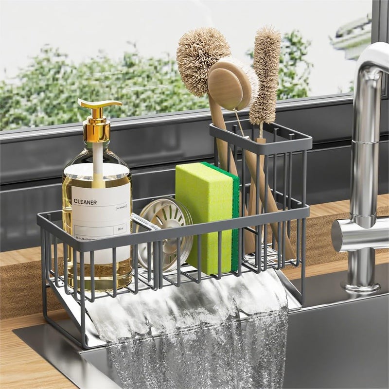 Cisily Sink Caddy Organzier with High Brush Holder Sponge Holder for Sink 304 Rustproof Stainless Kitchen Countertop Soap Dispenser Organizer Dark Gray Kitchen Decor and Accessories