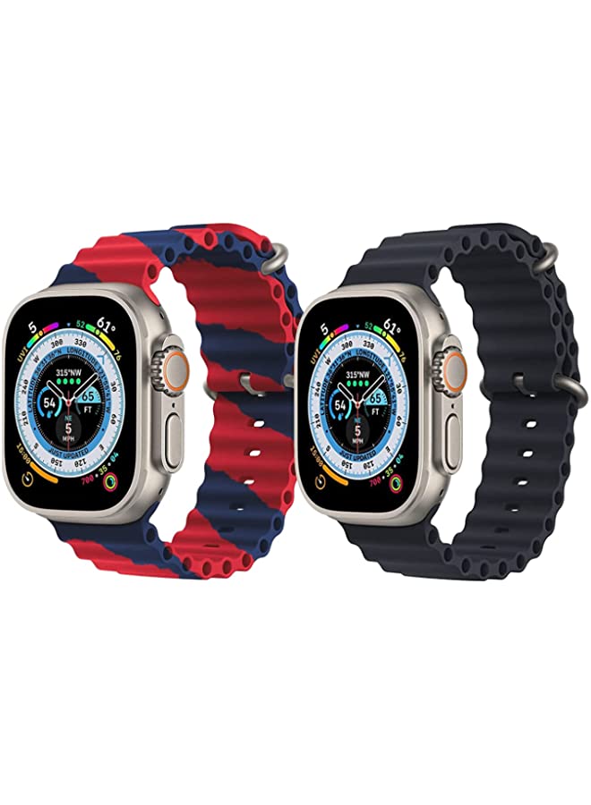 IAF Silicone Ocean Band Strap for Apple Watch Ultra 8 49mm Red/Blue Double Line Strap with Black Single Color Strap Set of 2
